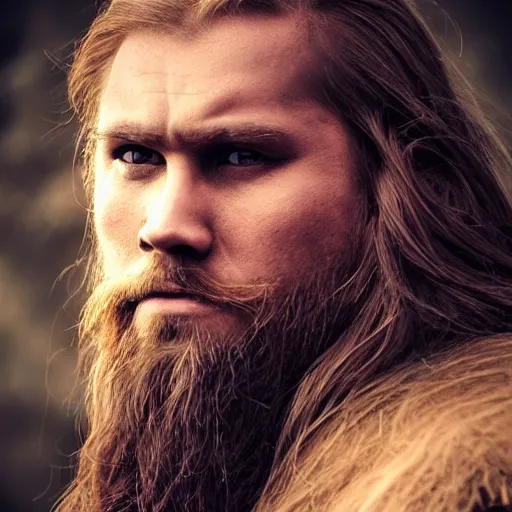 Prompt: hyperrealistic photograph of a brown-haired viking demon devil, 8k, profile picture, cinematic, high contrast, epic real fantasy, stoic facial expression, looking at the camera