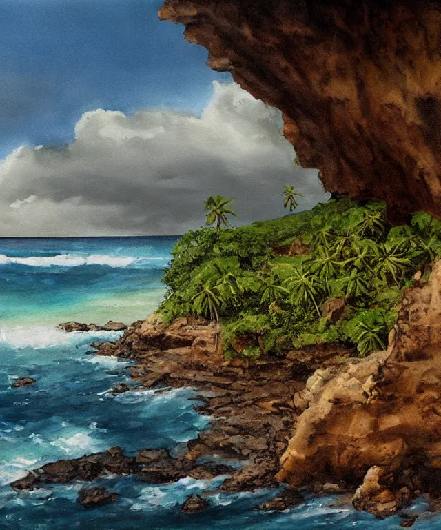 Prompt: photorealistic painting of turtle bay beach jamaica, sharp cliffs, island with cave, dark, atmospheric, brooding, smooth, finely detailed, cinematic, epic, in the style of dave dorman