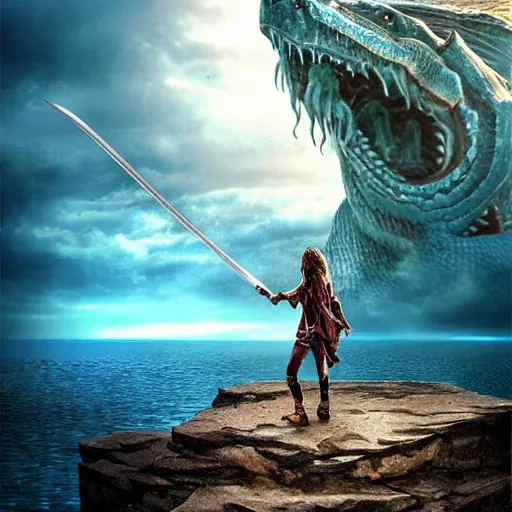 Image similar to a dramatic digital art of a teenage boy with long hair holding a sword while standing on the edge of a cliff over looking water, coming out of the water is a giant serpent water monster looming over the boy with it's mouth open, dramatic digital art, ambient lighting