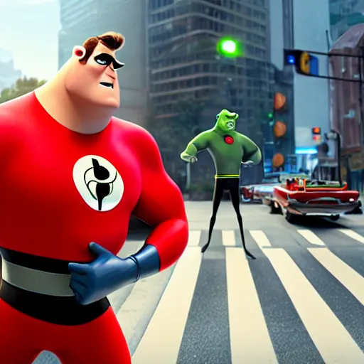 Image similar to film still of mr incredible directing traffic in the the incredibles movie, high detail shot, smoking, render, cgsociety, photorealism