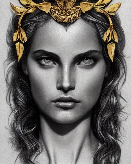 Image similar to front view of beautiful aphrodite greek goddess wearing a gold laurel wreath and triangle earrings, realism tattoo sketch, beautiful piercing eyes with sharp pupils, beautiful blonde hair, in the style of greg rutkowski, fantasy, amazing detail, epic, elegant, smooth, sharp focus, super model