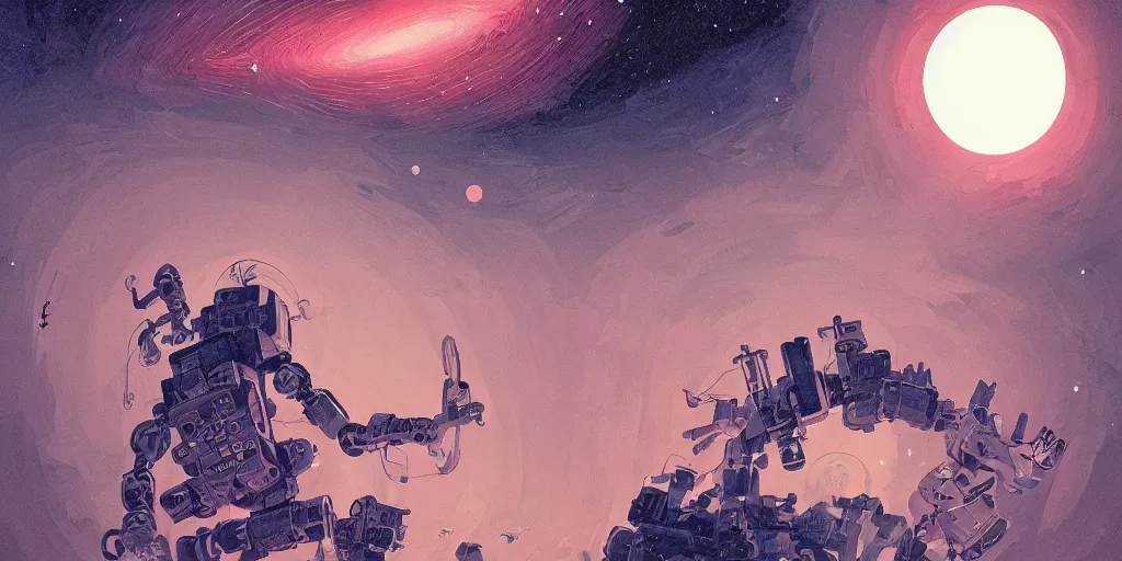 Image similar to colorful mcbess illustration of a robot trying to paint the universe, intricate complexity, by greg rutkowski, artgerm, ross tran, conrad roset, takato yomamoto, ilya kuvshinov, 8 k, beautiful, cinematic dramatic atmosphere