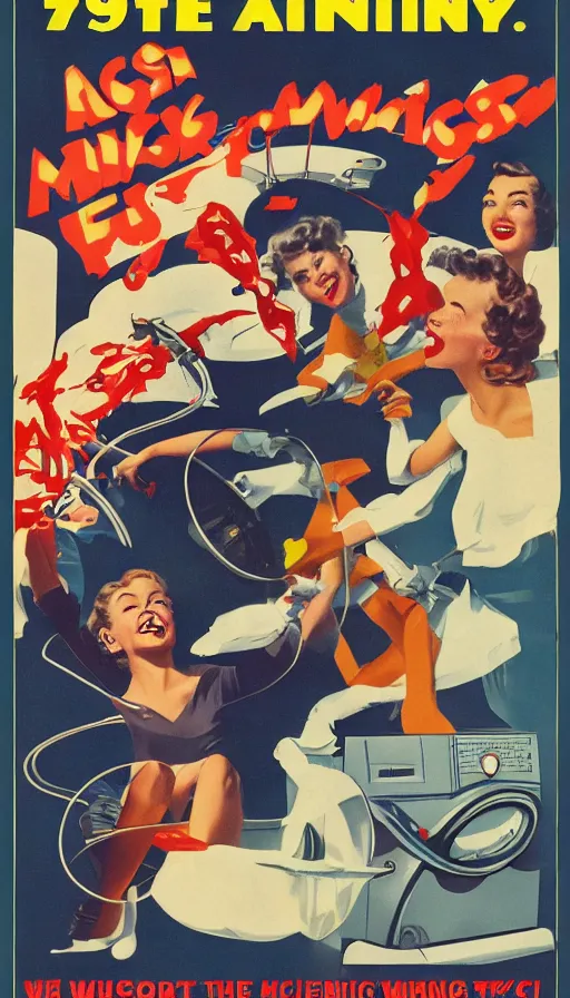 Prompt: attack of the washing machines and flying socks, 1 9 5 0 s science fiction poster, retrofuturism, behance, trending on artstation