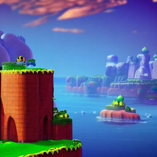 Image similar to an amazing landscape from the world of super mario, stylized, 4 k, octane render, video games, cinematic cinematography.