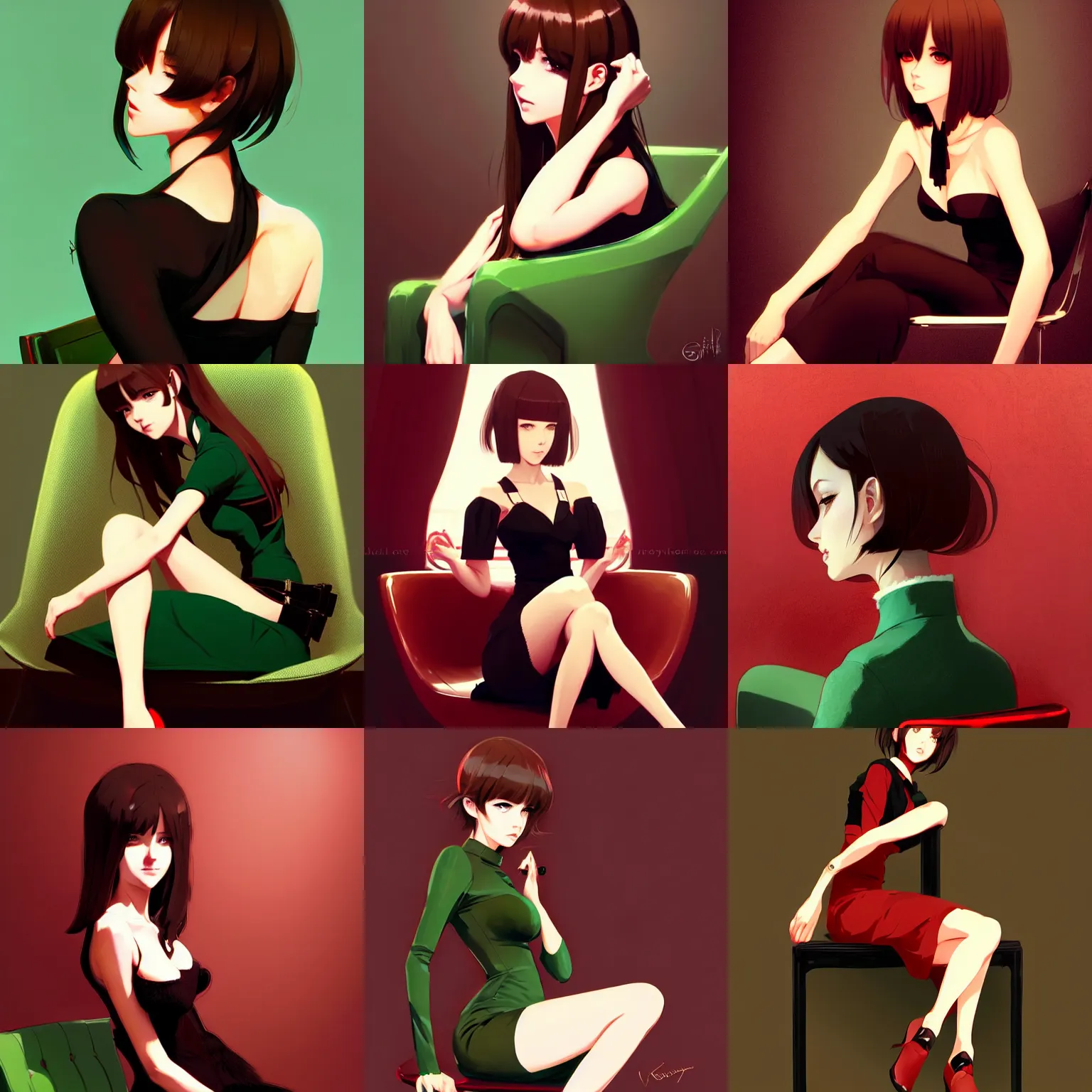 Prompt: sexy woman with brown hair and green eyes, wearing an elegant dress, sitting on a chair, red and black color palette, in the style of and ilya kuvshinov and greg rutkowski, high quality anime artstyle, intricate