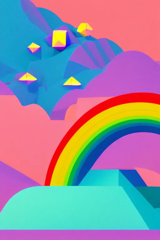 Image similar to geometric 3 d render, soft bright pastel, rainbow fireball in the middle, mountains surrounding, rule of thirds