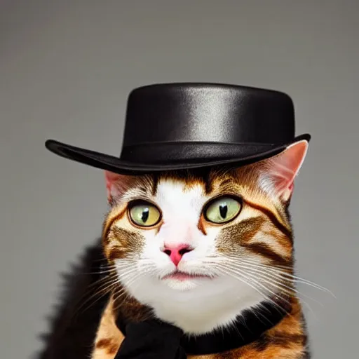 Image similar to a cat gentleman wearing a black leather hat, frontal view, cool looking