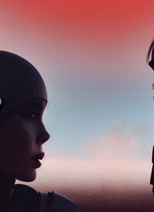 Image similar to cinestill 5 0 d photographic portrait of two loving female androids wearing rugged black techwear on a desolate plain with a red sky in front of a brutalist structure, extreme closeup, cyberpunk style, dust storm, 8 k, hd, high resolution, 3 5 mm, f / 3 2, ultra realistic faces, ex machina