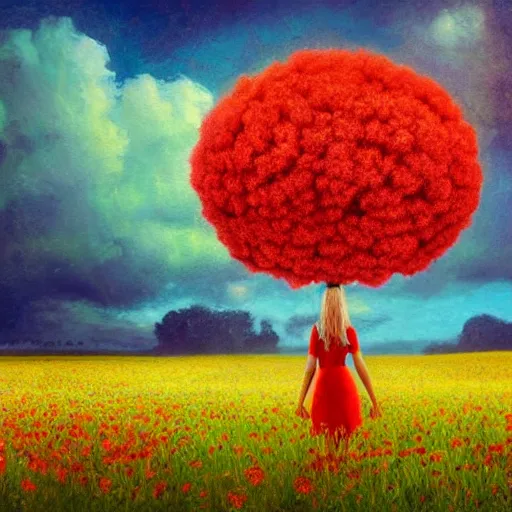 Prompt: giant red flower afro, full body, girl standing in the middle of a field with flowers, surreal photography, hills, sunrise dramatic light, impressionist painting, colorful clouds, digital painting, pointillism, artstation, simon stalenhag