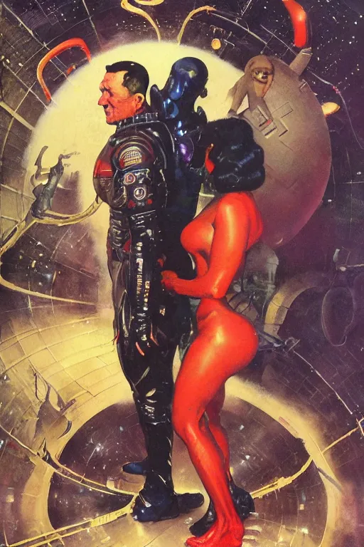 Image similar to full body portrait of fat dorian yates as demon chief standing beside elegant space woman in latex spacesuit, by norman rockwell, jack kirby, jon berkey, earle bergey, craig mullins, ruan jia, jeremy mann, tom lovell, marvel, astounding stories, 5 0 s pulp illustration, scifi, fantasy, artstation creature concept