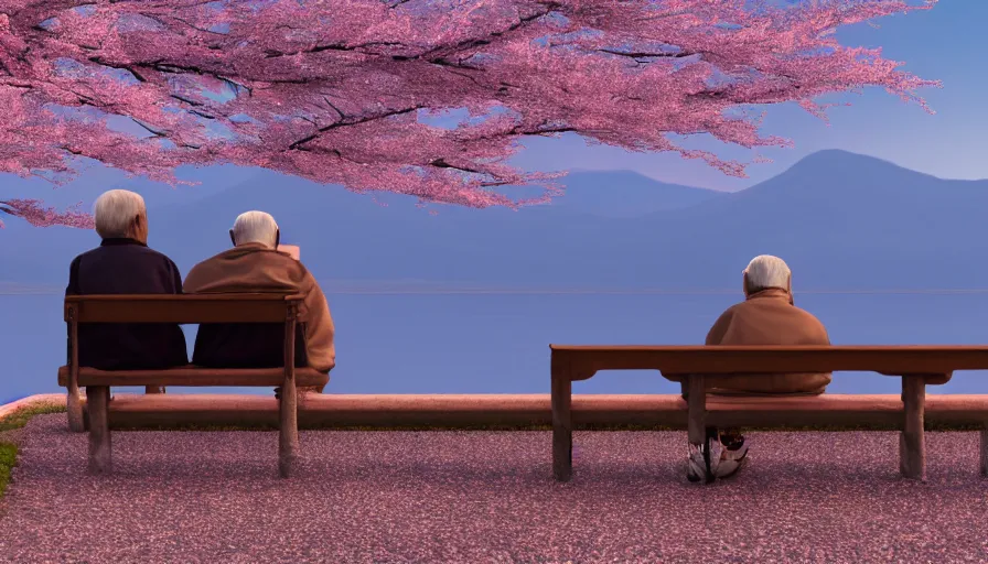 Prompt: back view of an old japanese couple watching sunset while sitting on the bench, cherry blossoms, lake, forest, village, hayao miyazaki, hyperdetailed, artstation, cgsociety, 8 k