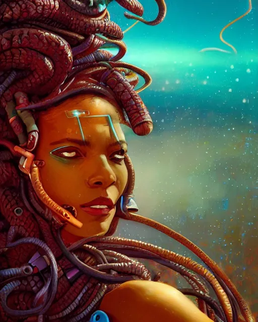 Image similar to muted, african plains, a cyberpunk close up portrait of cyborg medusa, electricity, snakes in hair, sparks, bokeh, soft focus, skin tones, warm, sky blue, daylight, by paul lehr, jesper ejsing