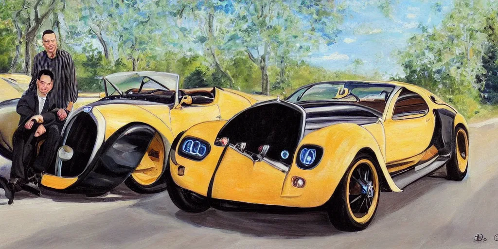 Prompt: a painting of andrew tate and his bugatti by bob ross