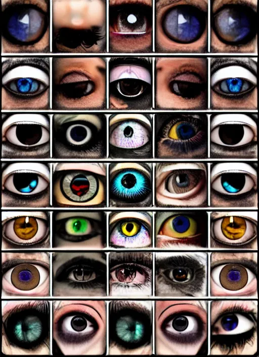 Image similar to grid montage of cube shaped eyes, square shaped black dilated pupils, cube shaped irises, detailed colored textures, eyelashes, advanced art, art styles mix, from wikipedia, wet reflections in square eyes, sunshine light, hd macro photograph, from side, various eyelid positions, square black pupil centered