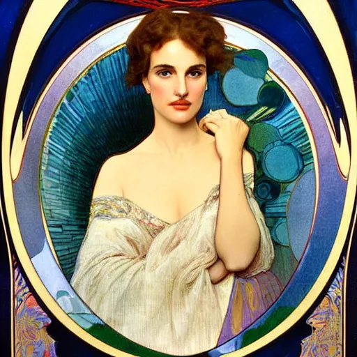 Image similar to a closeup portrait of a young natalie portman, art nouveau, jugendstil, decorative background, spirals, painted by alphonse mucha