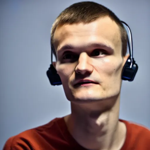 Prompt: vitalik buterin in headphones looking at camera. 8 5 mm, medium shot