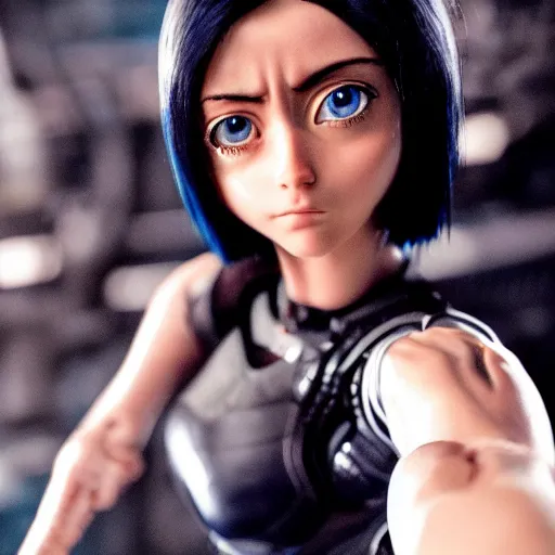 Prompt: alita battle angel selfie, tight attire, realistic, hyper detail, very detailed, cinematic, ultra details, photorealistic, cute, insanely detailed