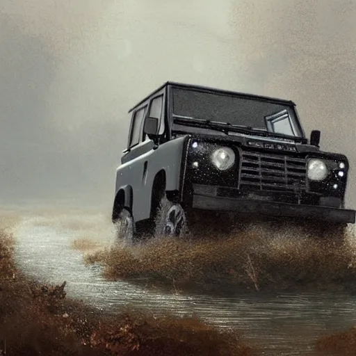 Image similar to a landrover crossing the a swamp while its raining, digital art, artstation, photgraphy, highly detailed, digital painting, artstation, concept art, sharp focus, illustration, art by greg rutkowski and artgerm