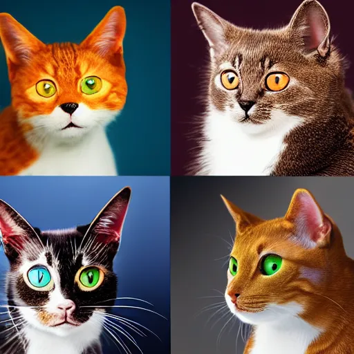 Prompt: a series of four pictures of different colored cats, computer graphics by hanns katz, pixabay contest winner, photorealism, quantum wavetracing, # myportfolio, macro photography