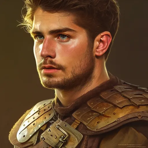 Image similar to portrait of a young rugged ranger, muscular, upper body, leather armor vest, D&D, fantasy, intricate, cinematic lighting, highly detailed, digital painting, artstation, concept art, smooth, sharp focus, illustration, art by Artgerm and Greg Rutkowski and Alphonse Mucha