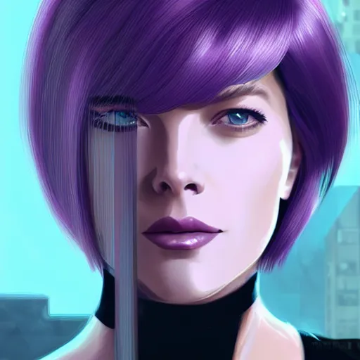 Prompt: A combination of Grace Kelly's and Katheryn Winnick's and Ashley Greene's faces with short violet hair as Motoko Kusanagi from Ghost in The Shell, cyberpunk style, synthwave aesthetic, fantasy, intricate, elegant, highly detailed, digital painting, artstation, concept art, matte, sharp focus, illustration, half body portrait, anime style, art by Artgerm and Greg Rutkowski and Alphonse Mucha