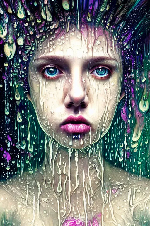 Image similar to portrait of a girl upside down psychedelic LSD rain with wet hair and face, fantasy, intricate, elegant, dramatic lighting, emotionally evoking symbolic metaphor, highly detailed, lifelike, photorealistic, digital painting, artstation, concept art, smooth, sharp focus, illustration, art by John Collier and Albert Aublet and Krenz Cushart and Artem Demura and Alphonse Mucha