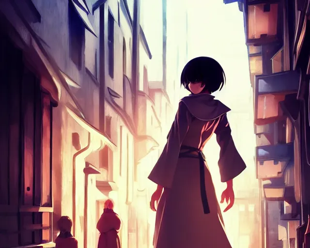 Image similar to ilya kuvshinov key anime visual portrait of a young female in robe walking through a busy medieval village, dynamic pose, dynamic perspective, cinematic, dramatic lighting, detailed silhouette, anime proportions