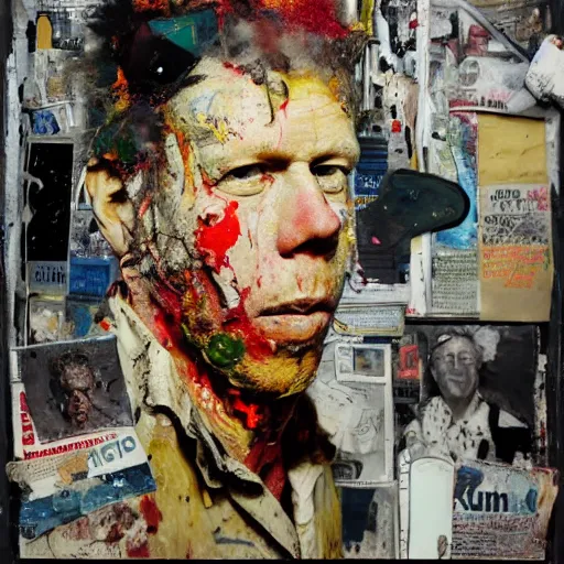 Image similar to hyperrealistic, photorealistic, mixed media oil painting of tom waits, magazine scraps, plaster, blood, oil, mustard, splatter, greg rutkowski, basquiat, ralph steadman, wesley kimler, terry gilliam, andy warhol, dali