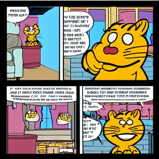 Prompt: garfield the cat driving a car into the side of a pizzeria, classic comic cartoon strip