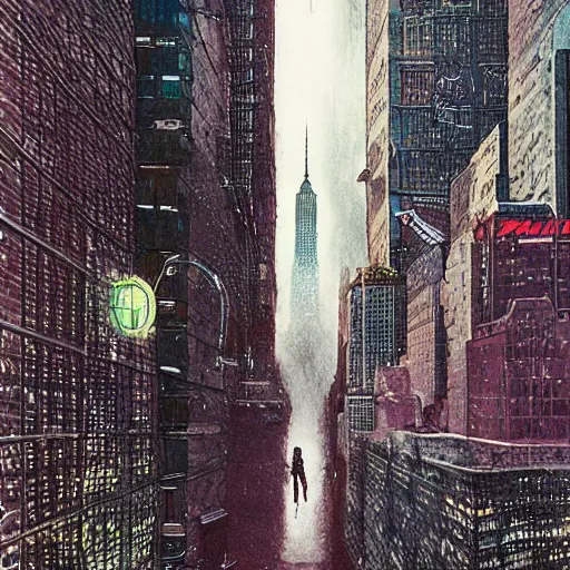 Image similar to “ a girl on a ledge overlooking futuristic new york city, ghostpunk, heavy rain, high detail, by moebius ”