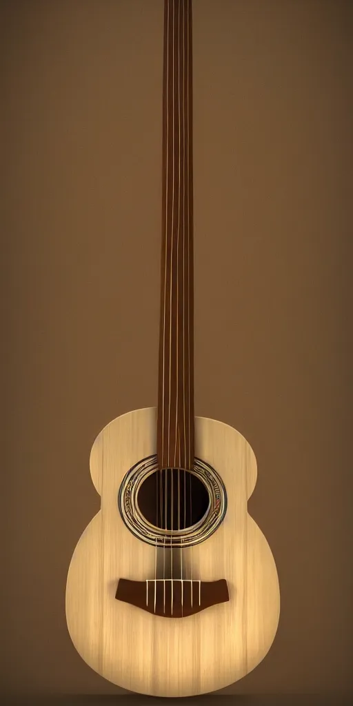 Prompt: model of an acoustic light wood guitar, cute cartoon, unreal engine 5, 3 d render, cinematic lighting, detailed product photo