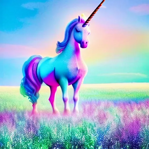 Image similar to an ultra high definition telephoto pastel coloured wildlife photograph of a magic unicorn eating an ice cream in a magical field. refraction, volumetric lighting iridescence.