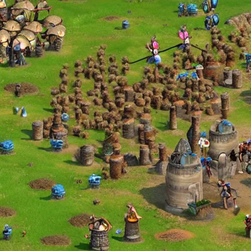 Image similar to a group of giant minions standing near a Town Center in the game Age of Empires