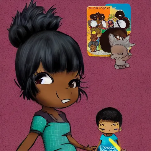 Image similar to Dark skinned girl pets Chibi Godzilla, children's book