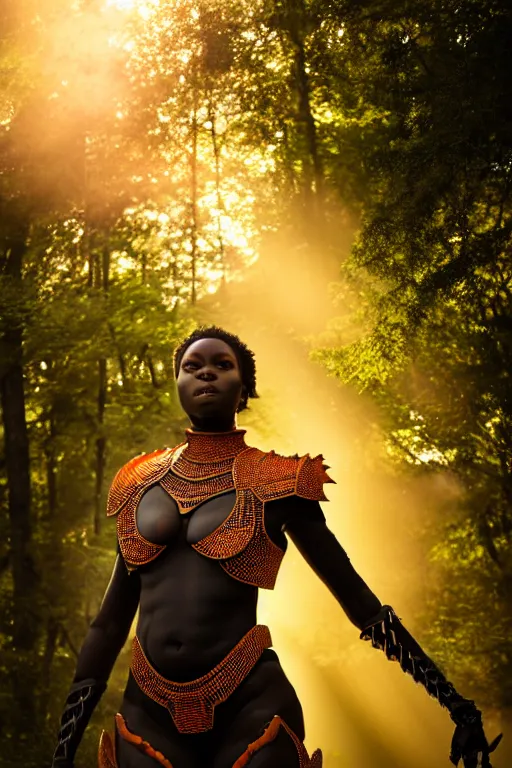 Image similar to hyperrealistic long shot mithra gorgeous black woman intricate exoskeleton bone armor in a forest sun behind her concept art eric zener elson peter cinematic orange light low angle hd 8k sharp rack focus