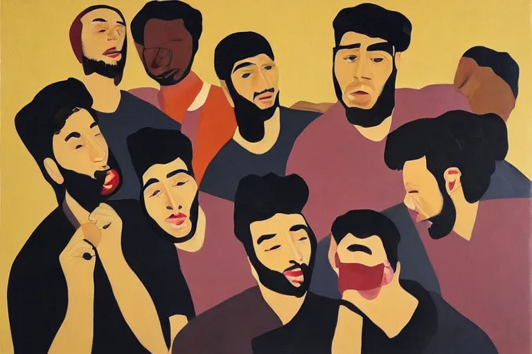Prompt: a group of spanish trap singers drinking red wine, oil painting by alex katz, trending on artstation