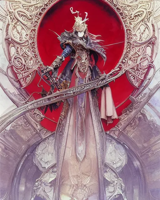 Image similar to A Full View of a Red Mage wearing magical ornate armor. Magus. Red Wizard. masterpiece 4k digital illustration by Ruan Jia and Mandy Jurgens and Artgerm and greg rutkowski and Alexander Tsaruk and WLOP and Range Murata, award winning, Artstation, art nouveau aesthetic, Alphonse Mucha background, intricate details, realistic, panoramic view, Hyperdetailed, 8k resolution, intricate art nouveau
