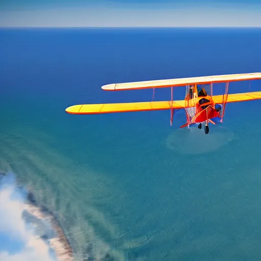 Image similar to hunter s. thompson flying a biplane over a beautiful oceanscape, 4 k,