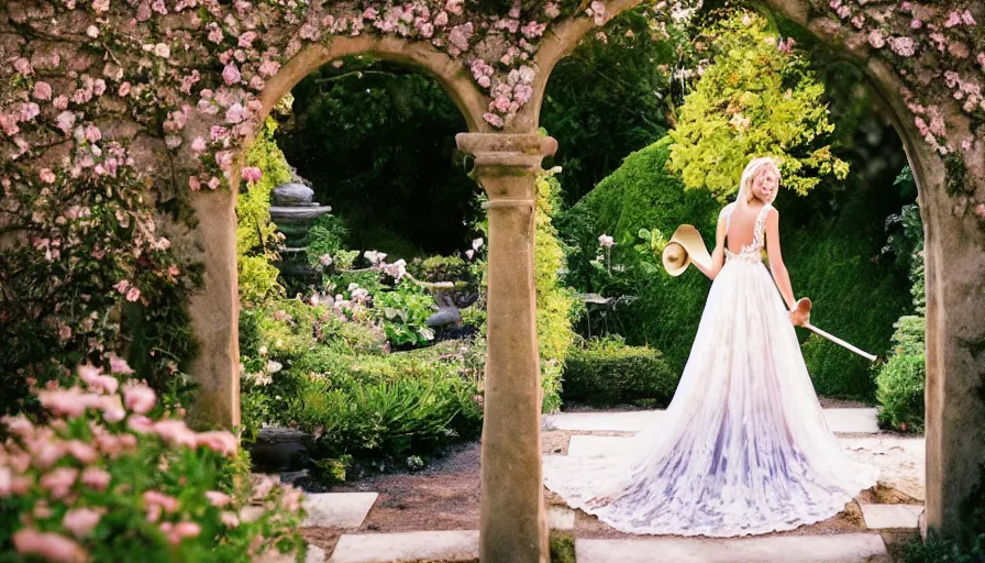 Prompt: analog photograph of beautiful woman from the back, blond hair, wearing a long flowing trumpet style lace wedding dress in a stunning garden on a small stone pathway with a flower archway and a pristine water fountain, golden hour, by mark owen. rule of thirds. pastel colours. light rays. bokeh. cinematic. hq. detailed. contrast. cinestill 8 0 0 t