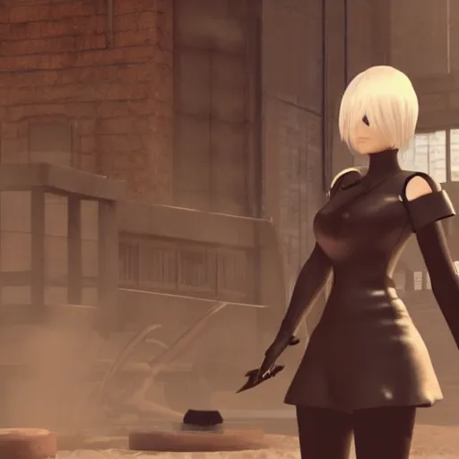 Prompt: Film still of 2B Nier Automata, from Team Fortress 2 (2007 video game)