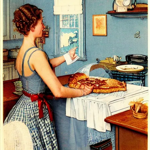 Image similar to housewife putting a hot apple pie on kitchen table, light blue dress, apron, sticking up her middle finger, artwork of norman rockwell