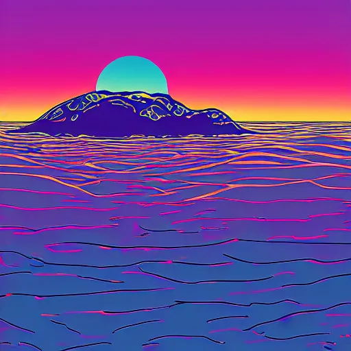 Image similar to A synthwave style sunset above the reflecting water of the sea, digital art