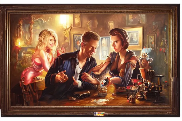 Image similar to portrait of bob barker playing twister with scarlett johansson, an oil painting by ross tran and thomas kincade