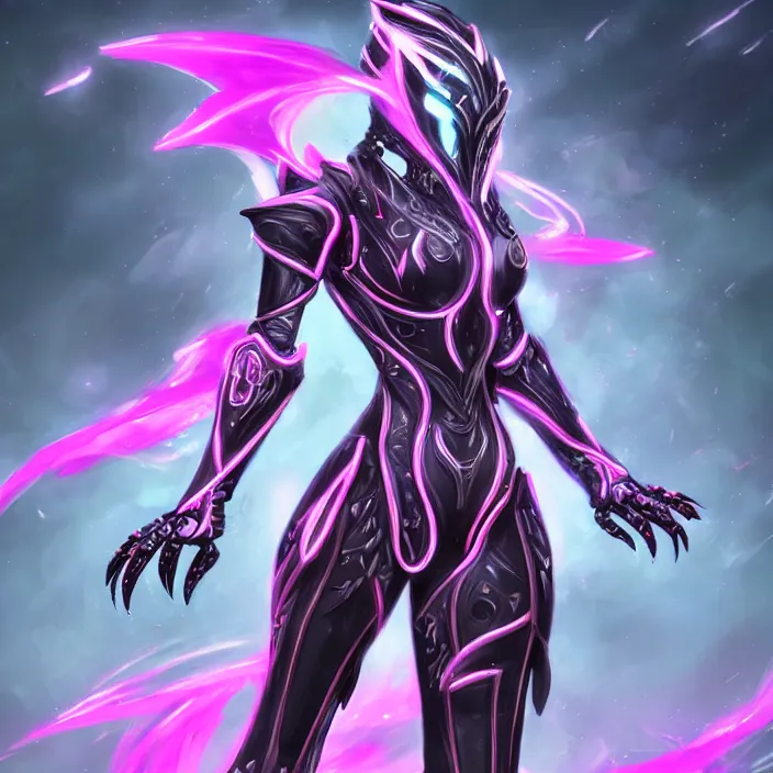 Image similar to highly detailed exquisite fanart, of a stunning beautiful female warframe, but as an anthropomorphic robot dragon, standing elegantly, shining reflective off-white plated armor, bright Fuchsia skin, sharp claws, full body shot, epic cinematic shot, realistic, professional digital art, high end digital art, DeviantArt, artstation, Furaffinity, 8k HD render, epic lighting, depth of field