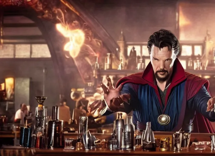 Image similar to film still of Doctor Strange working as a bartender in the new Avengers movie, 4k