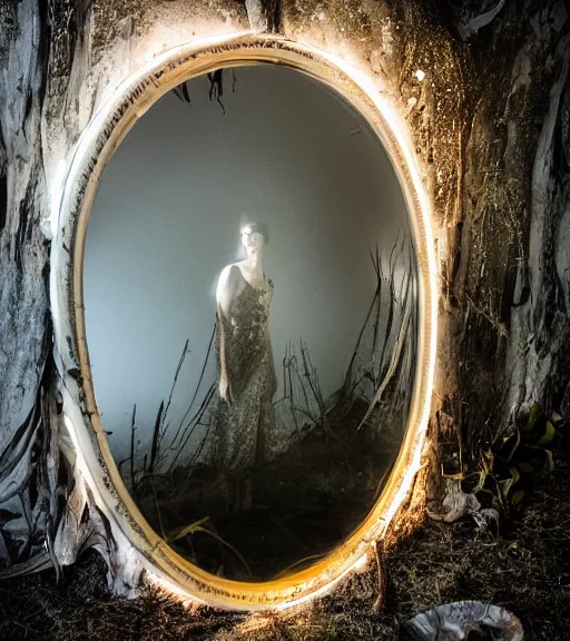 Image similar to a shatter mirror showing a evil fantasy realm, professional photography, high resolution, liminal eerie midnight backlit, a photograph taken by holloywood studios