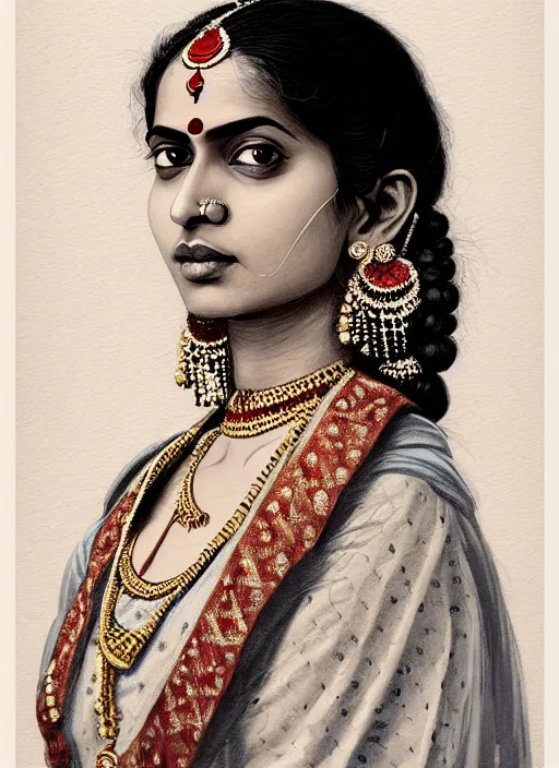 Image similar to 3 / 4 view of a portrait of an indian woman in victorian clothing, confident pose, intricate, elegant, sharp focus, illustration, highly detailed, concept art, matte, trending on artstation, anime, art by james jean and artgerm and brian despain and alberto mielgo, greg rutkowski, wlop, ilya kuvshinov, strong strokes