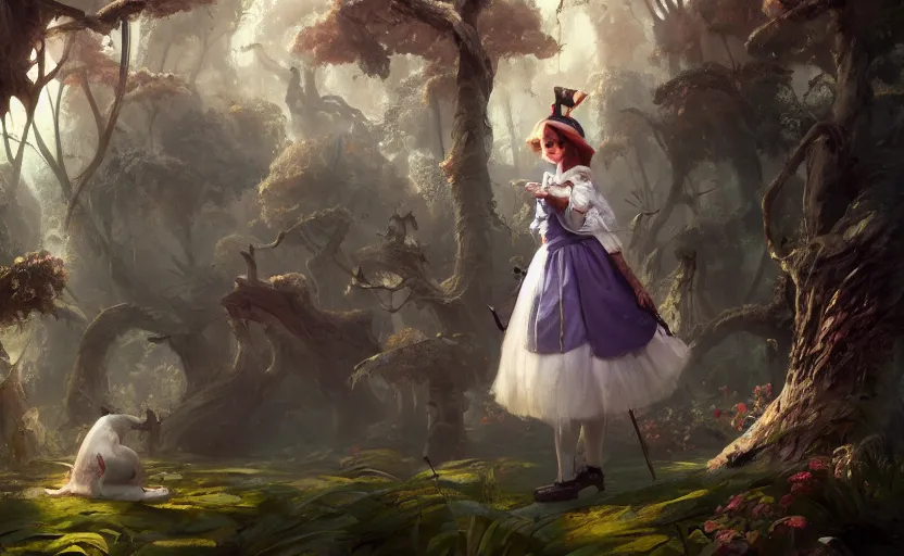 Prompt: a painting of alice in wonderland trending on artstation in the style of greg rutkowski