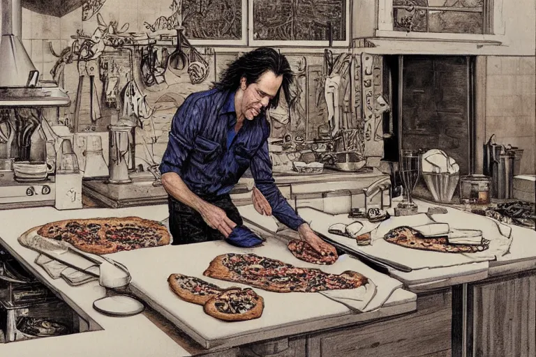 Image similar to a highly detailed nick cave baking pizza, full body, wide angle, an ultrafine detailed painting by p. craig russell and barry windsor - smith, trending on deviantart, octane, masterpiece