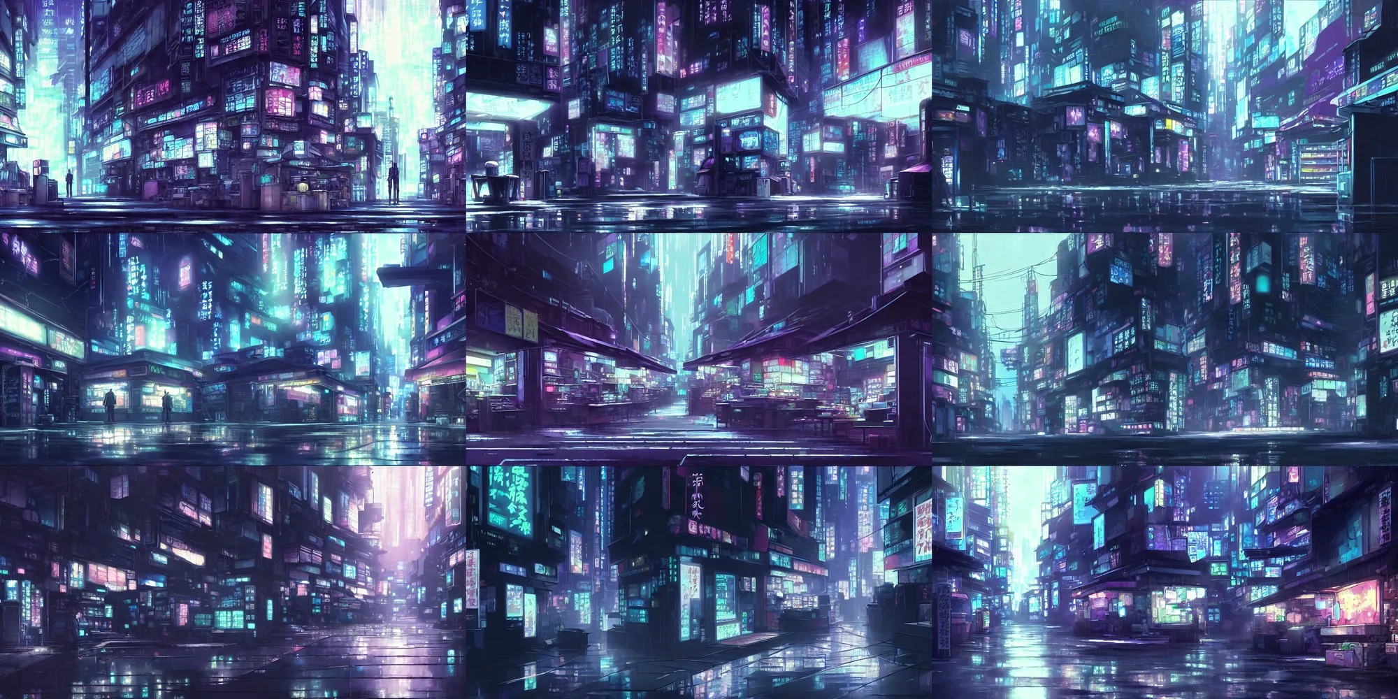 Prompt: close up of an atmospheric moody cyberpunk noir background art of a small small marketplace, by Shichiro Kobayashi, in the anime series ghost in the shell, by makoto shinkai, hazy and dreary